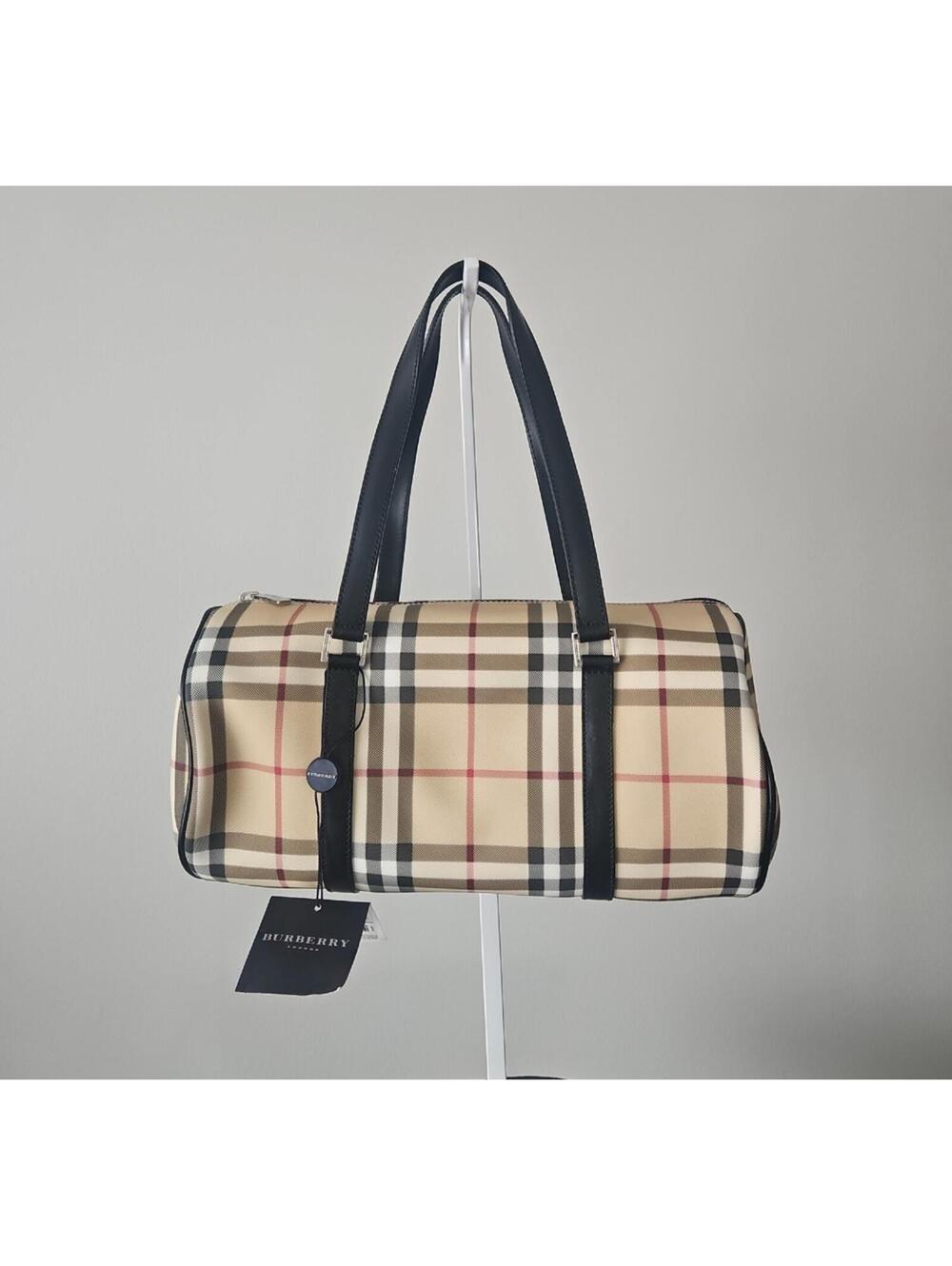 Burberry Beige Check Duffel with Black Trim and Red Accents